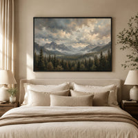 Dramatic Misty Mountain Forest Oil Painting Style Canvas Print Wall Art Decor - Mockup Display 10