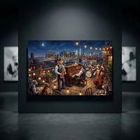 Rooftop Jazz Dogs NYC Skyline Oil Painting Style Canvas Print Wall Art for Urban Decor - Mockup Display 10