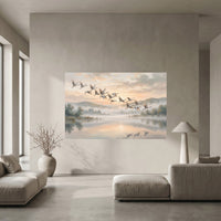 Serene Cranes Flying Oil Painting Style Canvas Print Wall Art for Tranquil Decor - Mockup Display 10