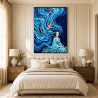 Mythical Woman Koi Fish Oil Painting Style Canvas Print Wall Art, Zen Decor - Mockup Display 10