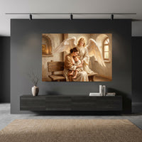 Religious Mother Child and Guardian Angel Oil Painting Style Canvas Print Wall Art - Mockup Display 10