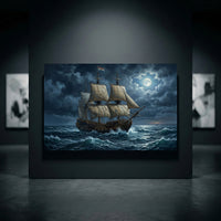Dramatic Galleon Ship Moonlight Oil Painting Style Canvas Print Wall Art, Nautical Adventure - Mockup Display 10