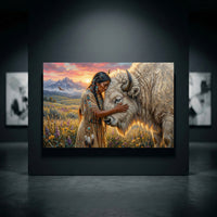Native Woman & White Bison Oil Painting Style Canvas Print Wall Art, Spiritual Serenity - Mockup Display 10