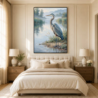 Great Blue Heron Oil Painting Style Canvas Print Wall Art, Serene Waterside Decor - Mockup Display 10