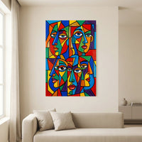 Geometric Faces Stretched Canvas Wall Art, Colorful Modern Portrait Print, Bold Living Room Decor