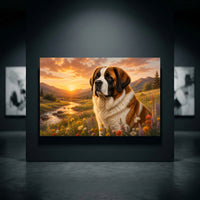 St. Bernard Dog Sunset Meadow Oil Painting Style Canvas Print Wall Art, Golden Hour - Mockup Display 10