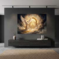 Radiant Angel at Golden Gates Divine Fantasy Canvas Print Wall Art, Heavenly Decor - Mockup Display 10