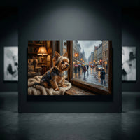 Yorkshire Terrier Stretched Canvas Wall Art, Rainy Window Dog Print, Cozy Living Room Decor