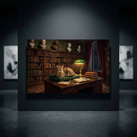 Tabby Cat in Scholarly Library Oil Painting Style Canvas Print Wall Art, Elegant Decor - Mockup Display 10