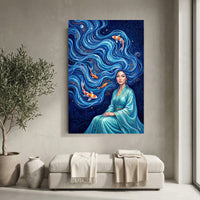 Elegant Woman with Flowing Water Hair Koi Fish Artistic Canvas Print Wall Art - Mockup Display 10