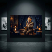 Golden Retriever Saxophone Player Oil Painting Style Canvas Print Wall Art, Jazzy Decor - Mockup Display 10