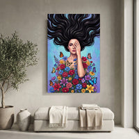 Vibrant Pop Art Woman with Flowers & Butterflies Canvas Print Wall Art Décor - Mockup Display 10