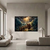 Moses Parting Red Sea Oil Painting Style Canvas Print Wall Art, Dramatic Biblical Scene - Mockup Display 10