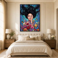 Vibrant Woman with Flowing Hair and Flowers Canvas Print Wall Art, Enchanting Decor - Mockup Display 10