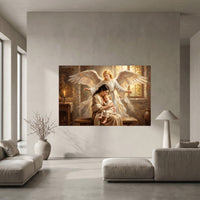 Guardian Angel Protecting Mother and Child Oil Painting Style Canvas Print Wall Art, Serene - Mockup Display 10