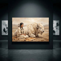 Native American Woman White Buffalo Oil Painting Style Canvas Print Wall Art, Serene Decor - Mockup Display 10