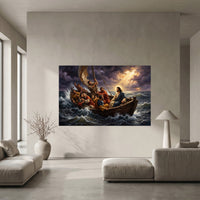 Biblical Jesus Calming Storm Oil Painting Style Canvas Print Wall Art, Religious - Mockup Display 10