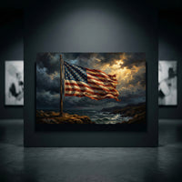American Flag Coastal Canvas Wall Art, Dramatic Patriotic Seascape Print, Rustic Living Room Decor