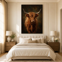 Majestic Highland Cow Portrait Oil Painting Style Canvas Print Wall Art, Rustic Farmhouse Decor - Mockup Display 10