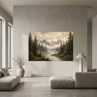 Serene Mountain Forest River Oil Painting Style Canvas Print Wall Art Décor - Mockup Display 10