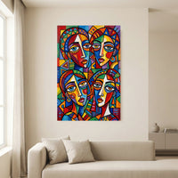 Colorful Abstract Faces Stretched Canvas Wall Art, Modern Geometric Portrait Print, Bold Room Decor