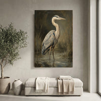 Majestic Heron Wetland Oil Painting Style Canvas Print Wall Art, Nature Decor - Mockup Display 10