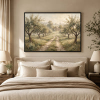 Misty Orchard Path Oil Painting Style Canvas Print Wall Art, Serene Landscape - Mockup Display 10