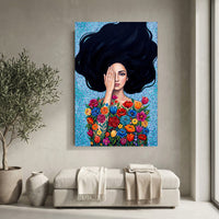 Vibrant Floral Woman Oil Painting Style Canvas Print Wall Art, Expressive Decor - Mockup Display 10
