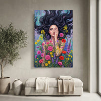 Mystic Woman Floral Canvas Print Wall Art with Flowing Hair, Vibrant Garden Style - Mockup Display 10
