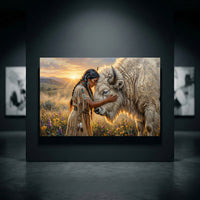 Native American Woman White Buffalo Oil Painting Style Canvas Print Wall Art Serene - Mockup Display 10