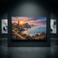 Vibrant Coastal Sunset Lighthouse Oil Painting Style Canvas Print Wall Art, Serene - Mockup Display 10