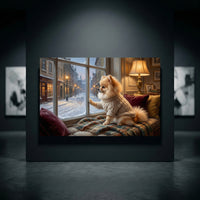 Pomeranian Stretched Canvas Wall Art, Snowy Window Dog Print, Cozy Living Room Decor