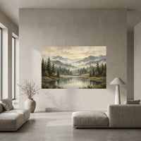 Misty Mountain Lake Landscape Oil Painting Style Canvas Print Wall Art, Rustic Decor - Mockup Display 10