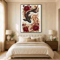 Yin Yang Koi Fish Peony Japanese Art Style Canvas Print Wall Art, Elegant Decor - Mockup Display 10