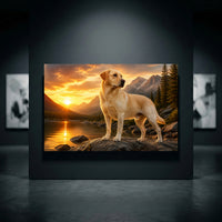 Golden Labrador Dog Mountain Lake Sunset Oil Painting Style Canvas Print Wall Art - Mockup Display 10