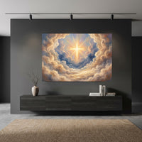 Radiant Cross in Divine Clouds Oil Painting Style Canvas Print Wall Art, Spiritual Decor - Mockup Display 10