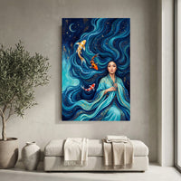 Mystical Asian Woman Koi Fish Oil Painting Style Canvas Print Wall Art, Elegant Decor - Mockup Display 10