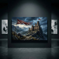 Dramatic Mountain Castle Libertas with Flags Canvas Print Wall Art, Epic Landscape. - Mockup Display 10