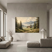 Misty Mountain Valley Cabin Oil Painting Style Canvas Print Wall Art Scenic Decor - Mockup Display 10