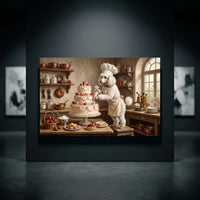 Charming Poodle Chef Decorating Cake Oil Painting Style Canvas Print Wall Art, Kitchen - Mockup Display 10