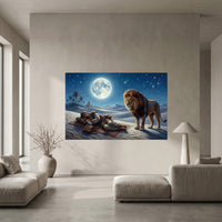 Desert Night Lion and Sleeping Man Oil Painting Style Canvas Print Wall Art - Mockup Display 10