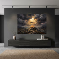Dramatic Cross on Hill Oil Painting Style Canvas Print Wall Art, Spiritual Light - Mockup Display 10