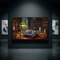 Peaceful Grey Cat Sleeping Library Oil Painting Style Canvas Print Wall Art for Study - Mockup Display 10