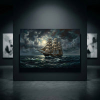 Majestic Three-Masted Ship Moonlight Oil Painting Style Canvas Print Wall Art - Mockup Display 10