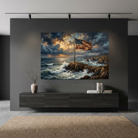 Dramatic American Flag on Rocky Coast Oil Painting Style Canvas Print Wall Art - Mockup Display 11