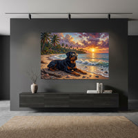Rottweiler Dog Tropical Beach Sunset Oil Painting Style Canvas Print Wall Art Décor - Mockup Display 11