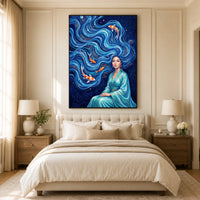 Elegant Woman with Flowing Water Hair Koi Fish Artistic Canvas Print Wall Art - Mockup Display 11