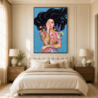 Enchanting Floral Woman Illustration Canvas Print Wall Art, Serene Beauty - Mockup Display 11