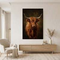 Majestic Highland Cow Portrait Oil Painting Style Canvas Print Wall Art, Rustic Farmhouse Decor - Mockup Display 11