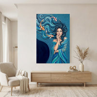 Mystical Woman & Koi Fish Oil Painting Style Canvas Print Wall Art, Serene Decor - Mockup Display 11
